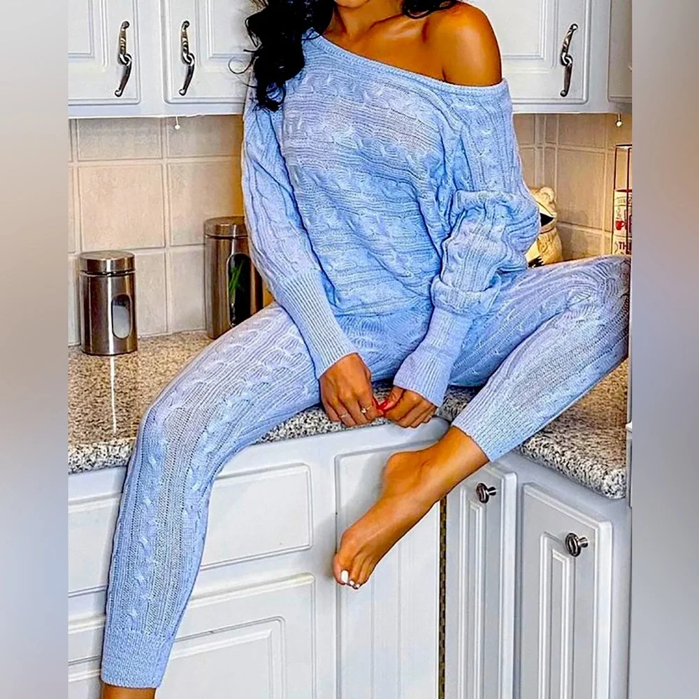 FASHION NOVA .. Keep Me on Chill Cable Knit Sweater Set. Dusty Blue. Size L. NEW - Picture 1 of 6